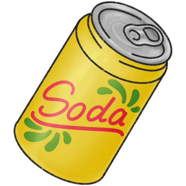 a yellow can with 'soda' written in red, with green accents.